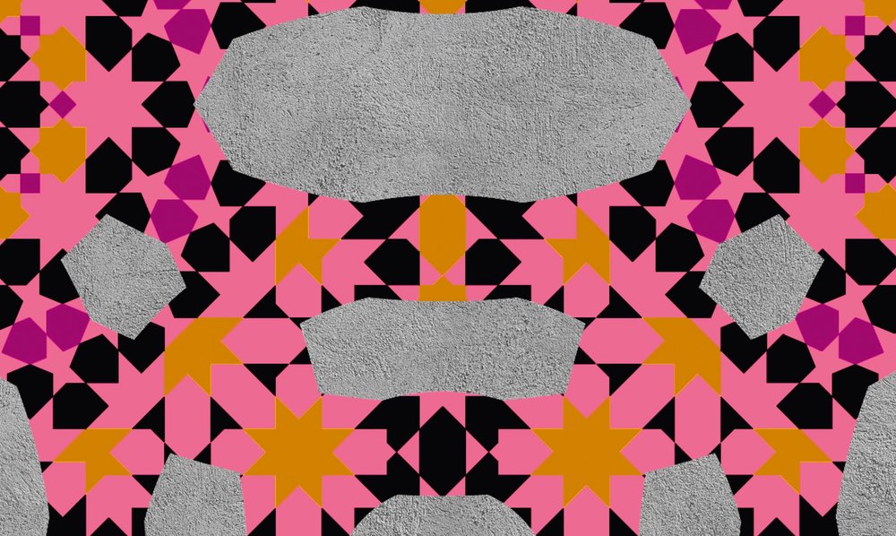             Papel pintado rosa con patrón mosáico en estilo gráfico
        
