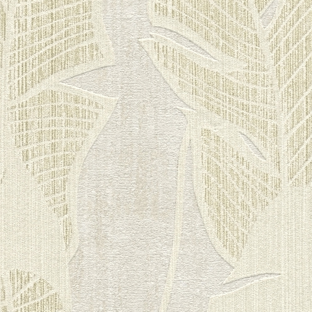             Onderlaag behang met junglepatroon in zachte kleuren - wit, beige, goud
        
