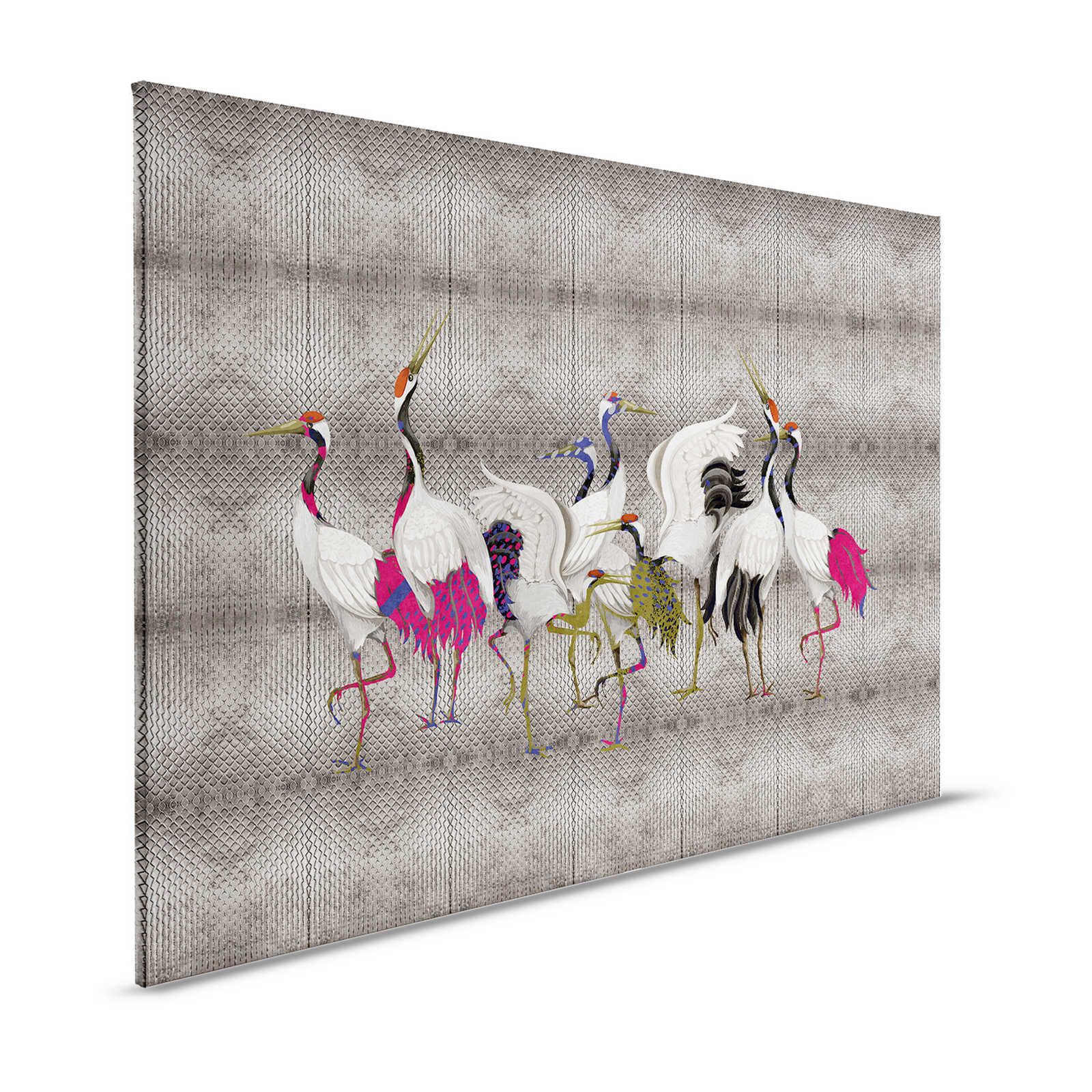 Land of Happiness 3 - Metallic Canvas Painting Silver with Colourful Crane Motif - 1.20 m x 0.80 m
