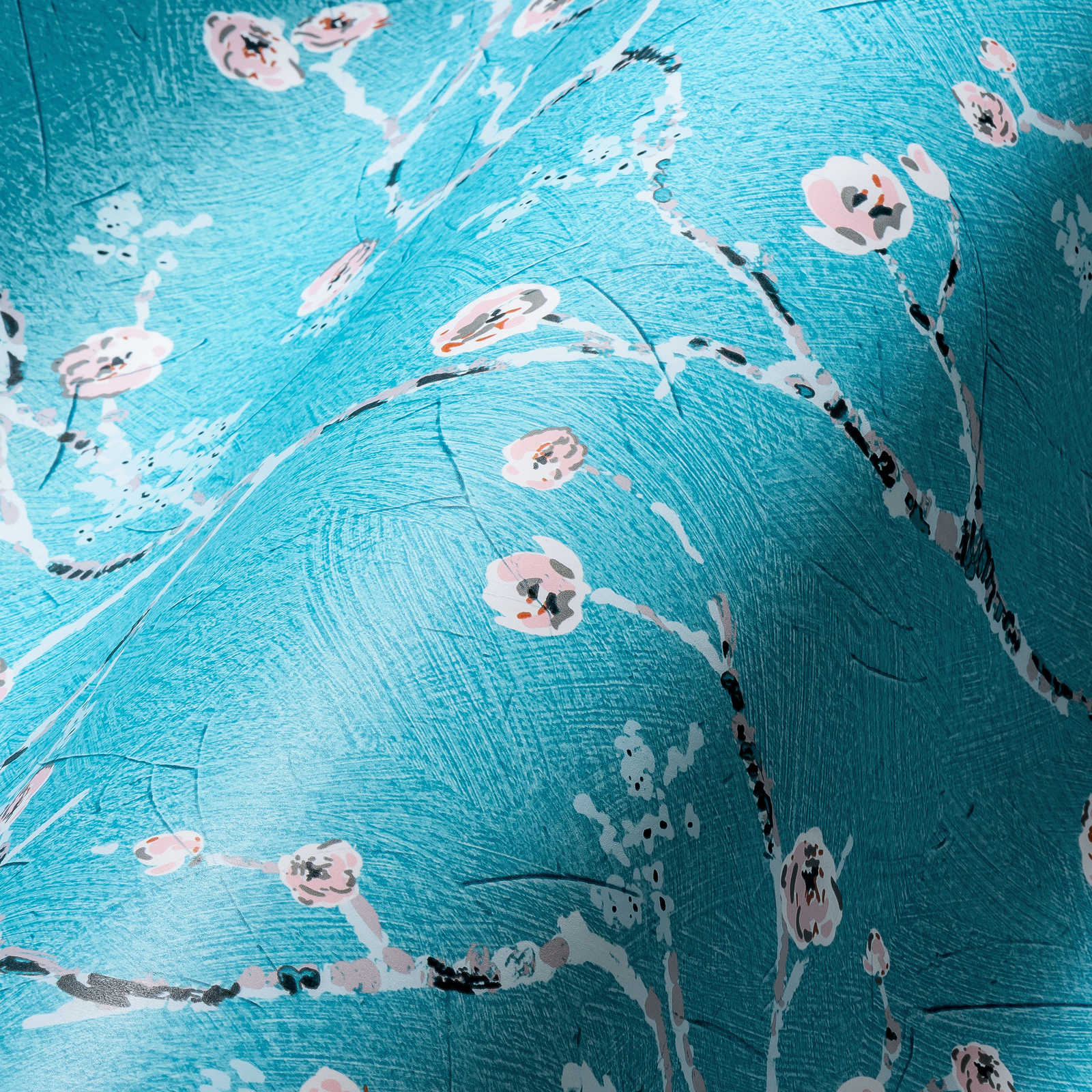             Blauw behang met kersenbloesemmotief in Japanse stijl
        