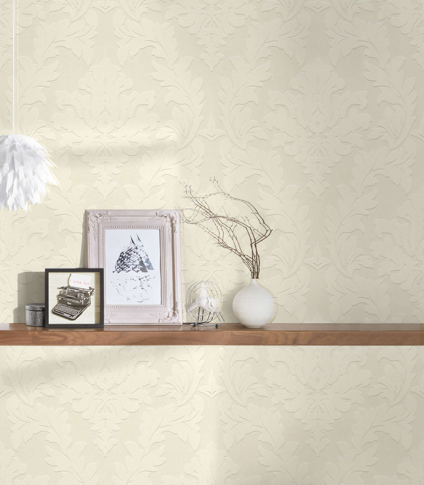             Barok behang met metaaleffect & structuurdesign - crème
        