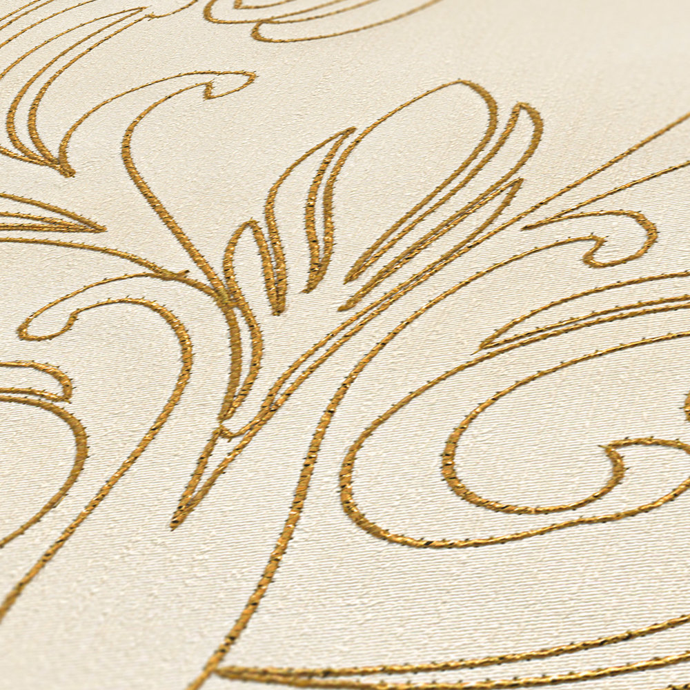             Panel mural premium con ornamentos sobre estructura textil - crema, oro
        
