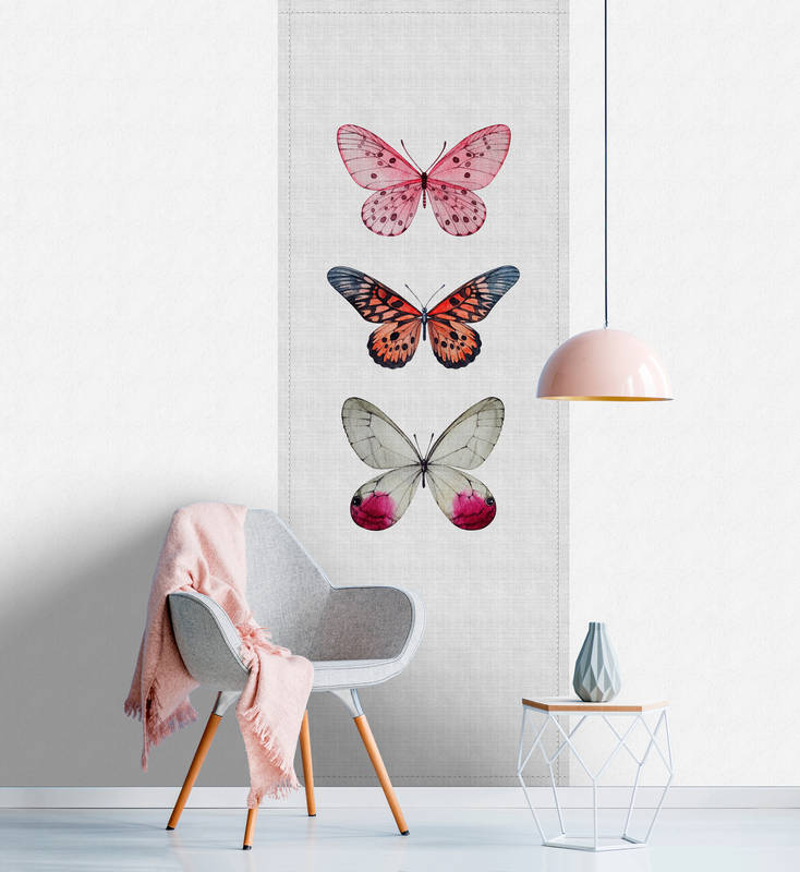             Buzz panels 1 - photo wallpaper panel with colourful butterflies in natural linen structure - Grey, Pink | Matt smooth fleece
        