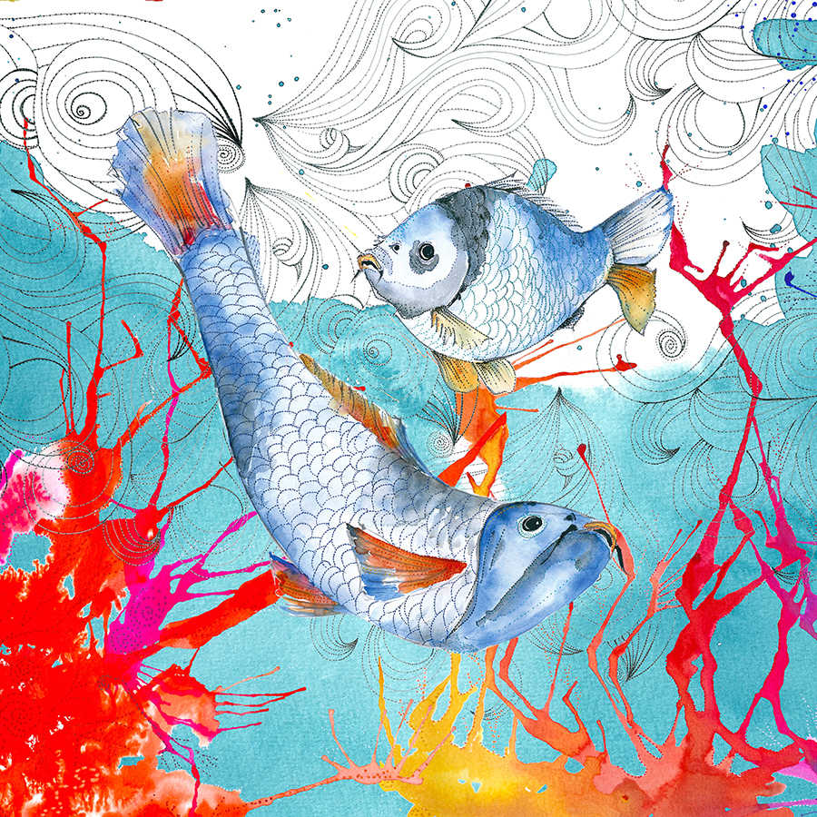 Papel pintado de acuarela con motivo de pez en azul y rosa sobre vellón liso de nácar
