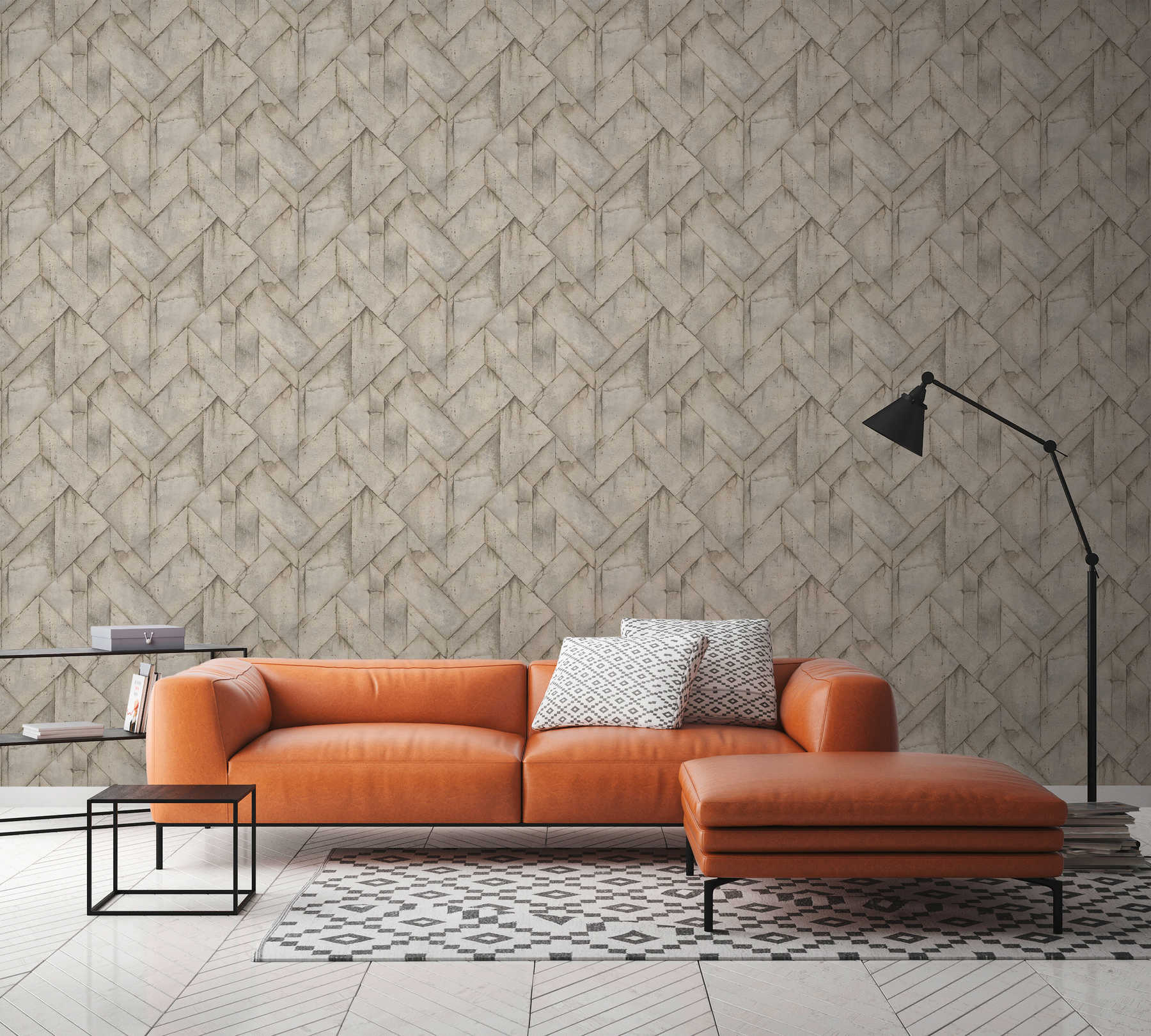             Concrete look wallpaper rustic & geometric design - beige, brown, grey
        