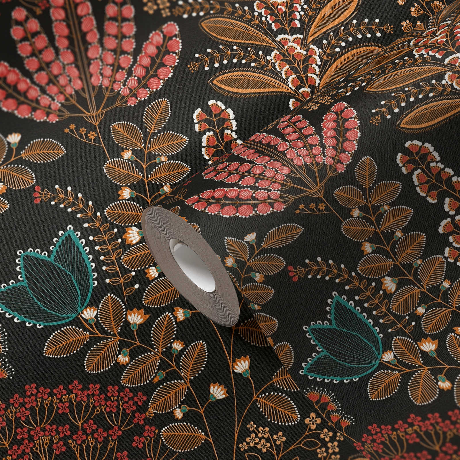             papier peint en papier intissé floral avec feuilles style rétro légèrement structuré, mat - noir, multicolore, pétrole
        