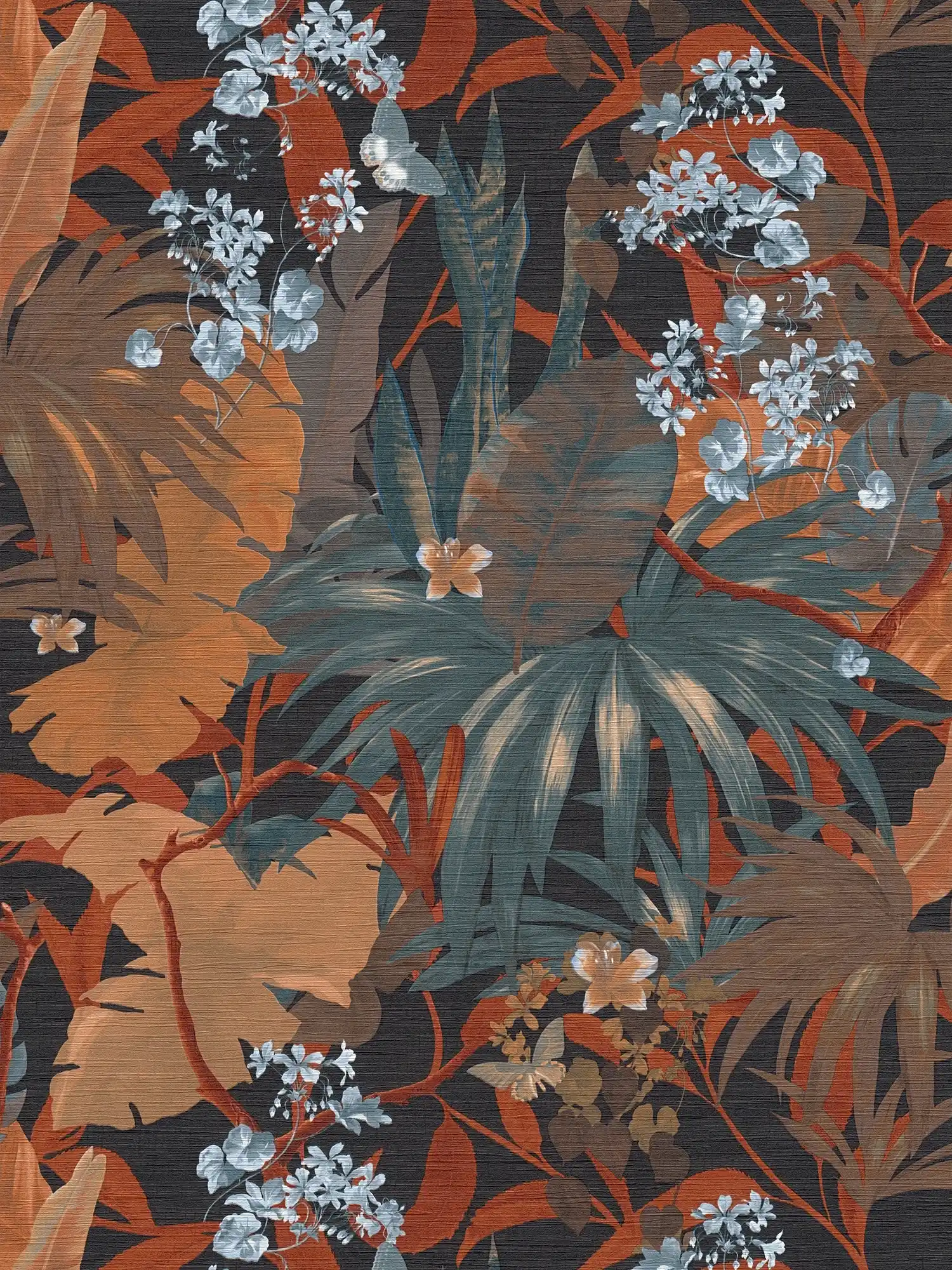 Papier peint jungle avec motif de feuilles - orange, bleu
