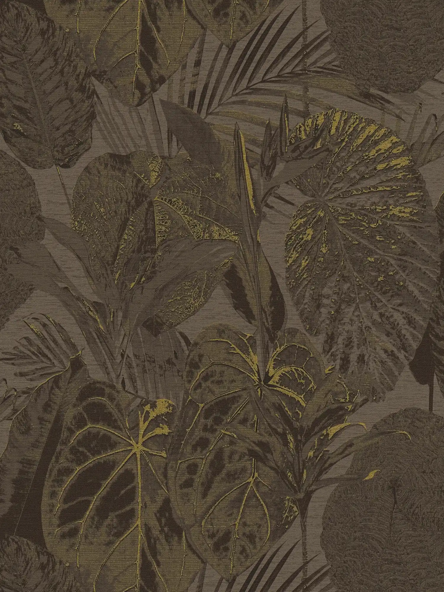 Non-woven wallpaper with jungle pattern lightly textured, matt - brown, black, gold
