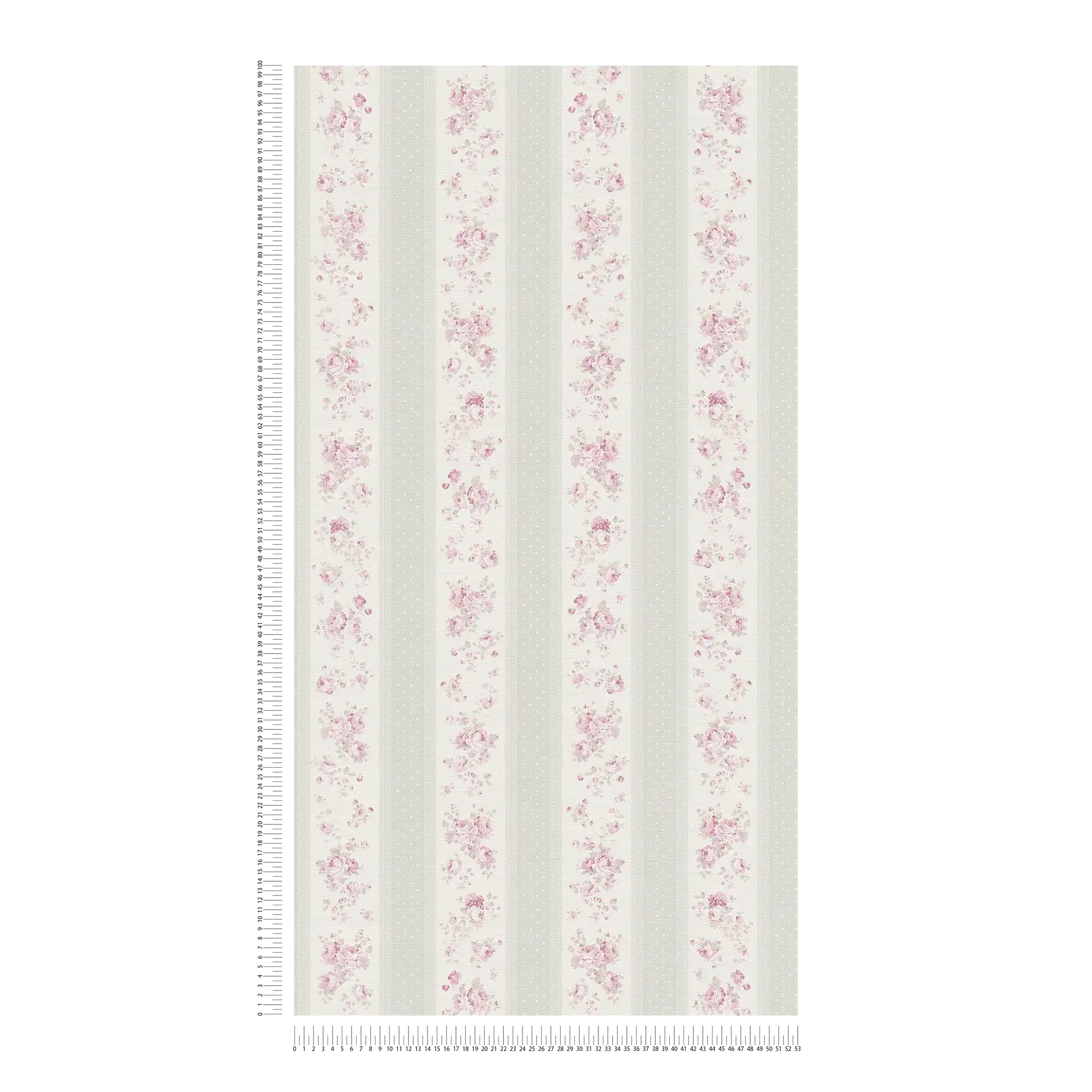             Gestreept behang met bloemen en stippenpatroon - grijs, wit, roze
        
