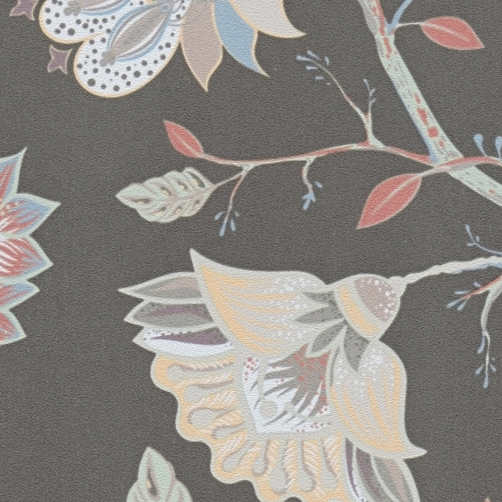             Floral non-woven wallpaper with muted colours - red, green, black
        
