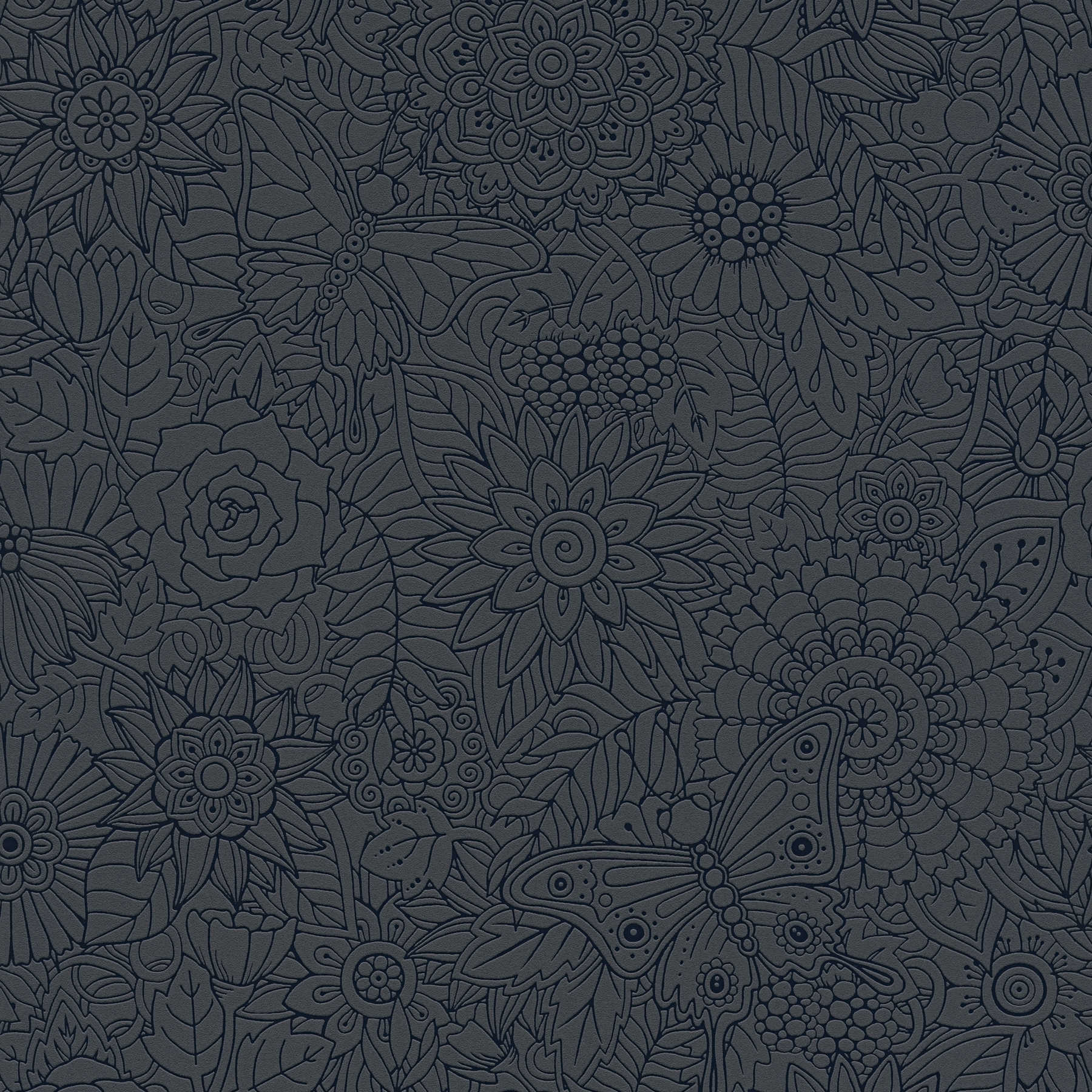 Black non-woven wallpaper floral pattern, matte & glossy - Black, Metallic
