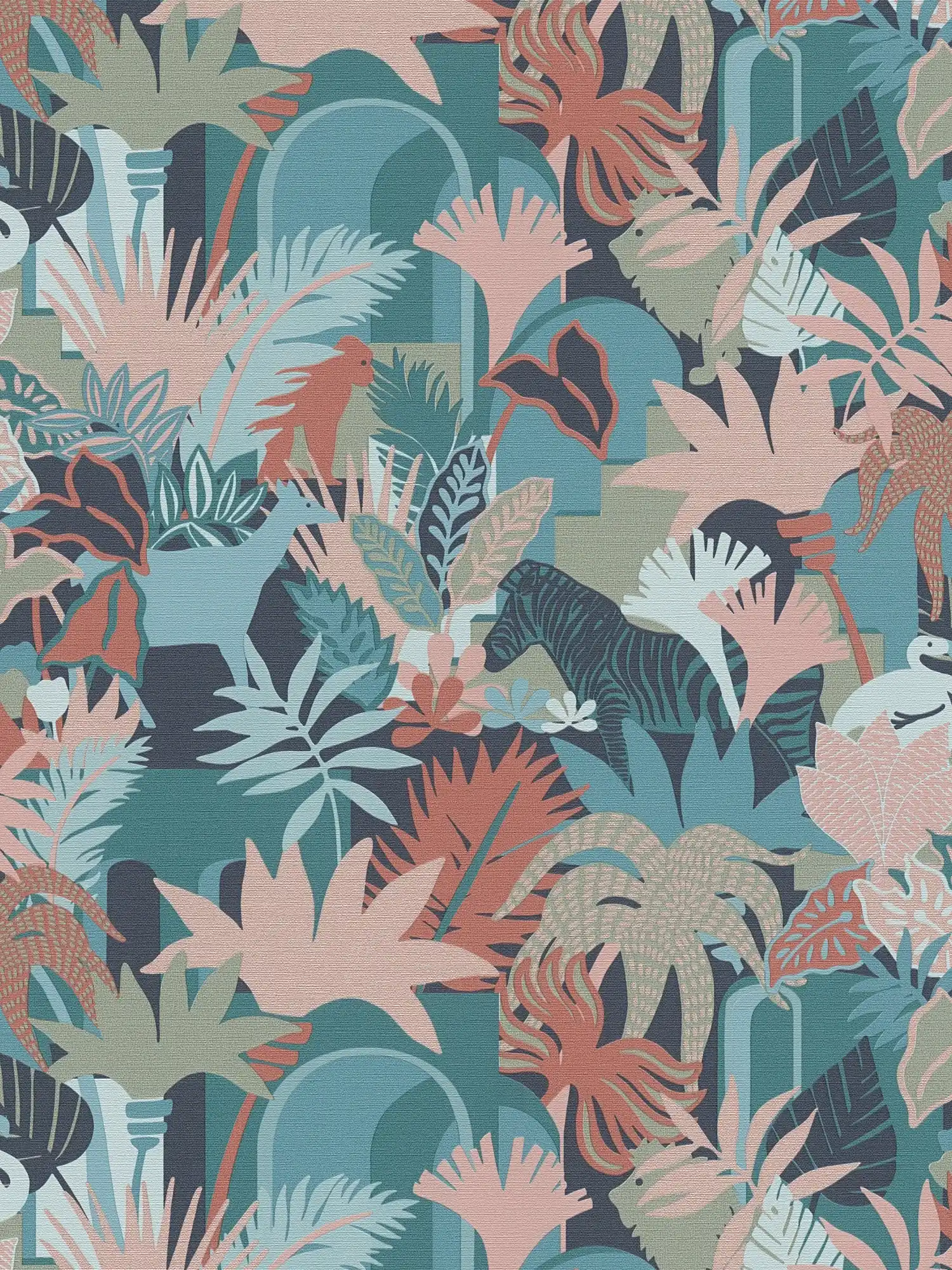 Non-woven wallpaper in jungle look with animals - multicoloured, green, blue

