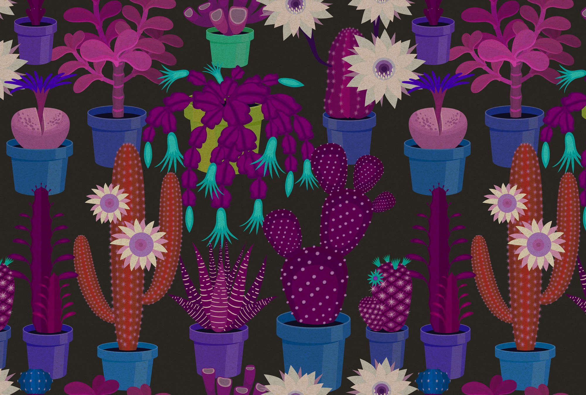             Jardín de cactus 1 - Papel pintado fotográfico en estructura de cartón con cactus de colores en estilo cómic - Azul, Naranja | Vellón liso mate
        