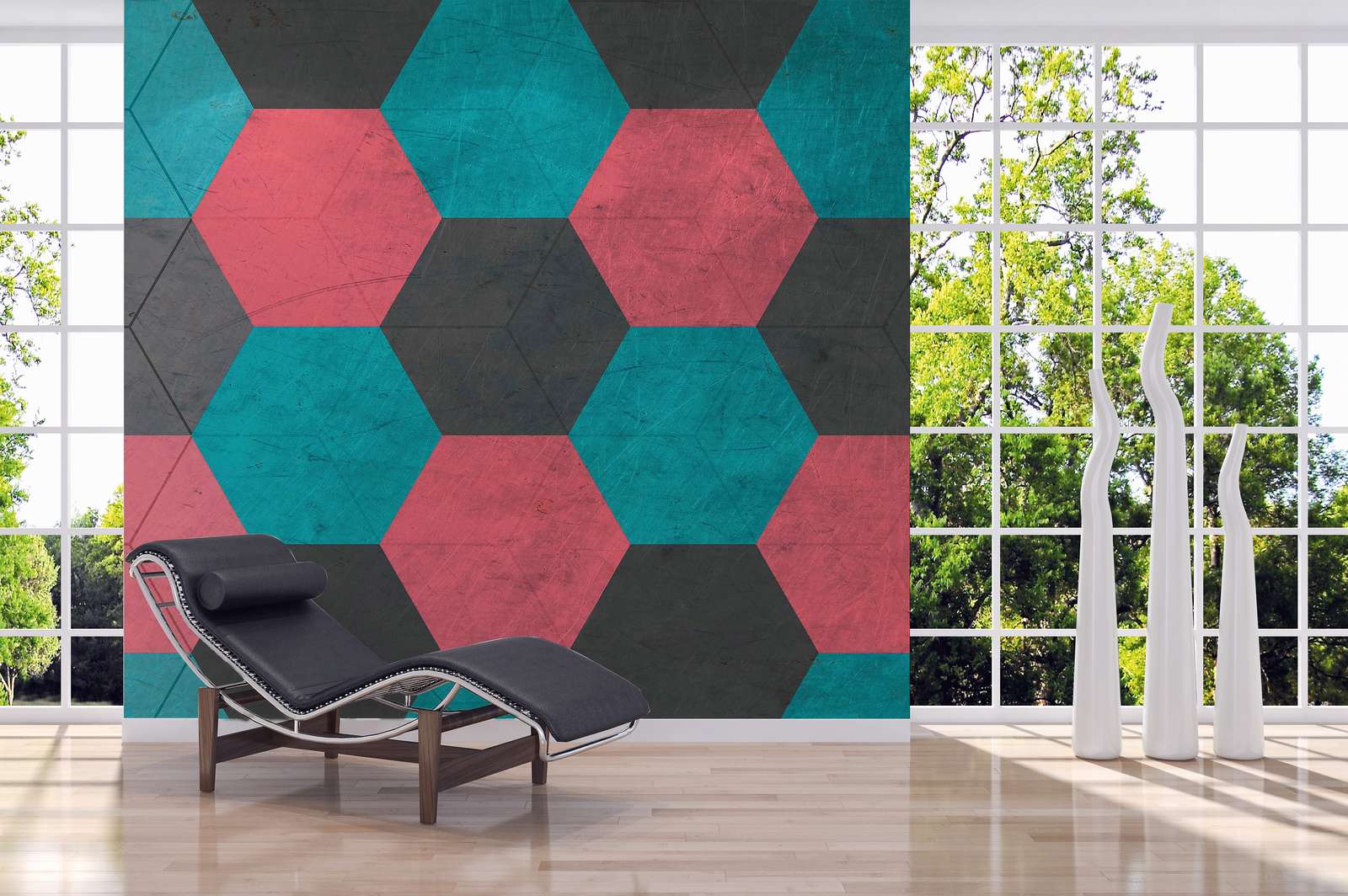            Vintage Look Hexagon Tiles Wallpaper - Blue, Red, Black
        