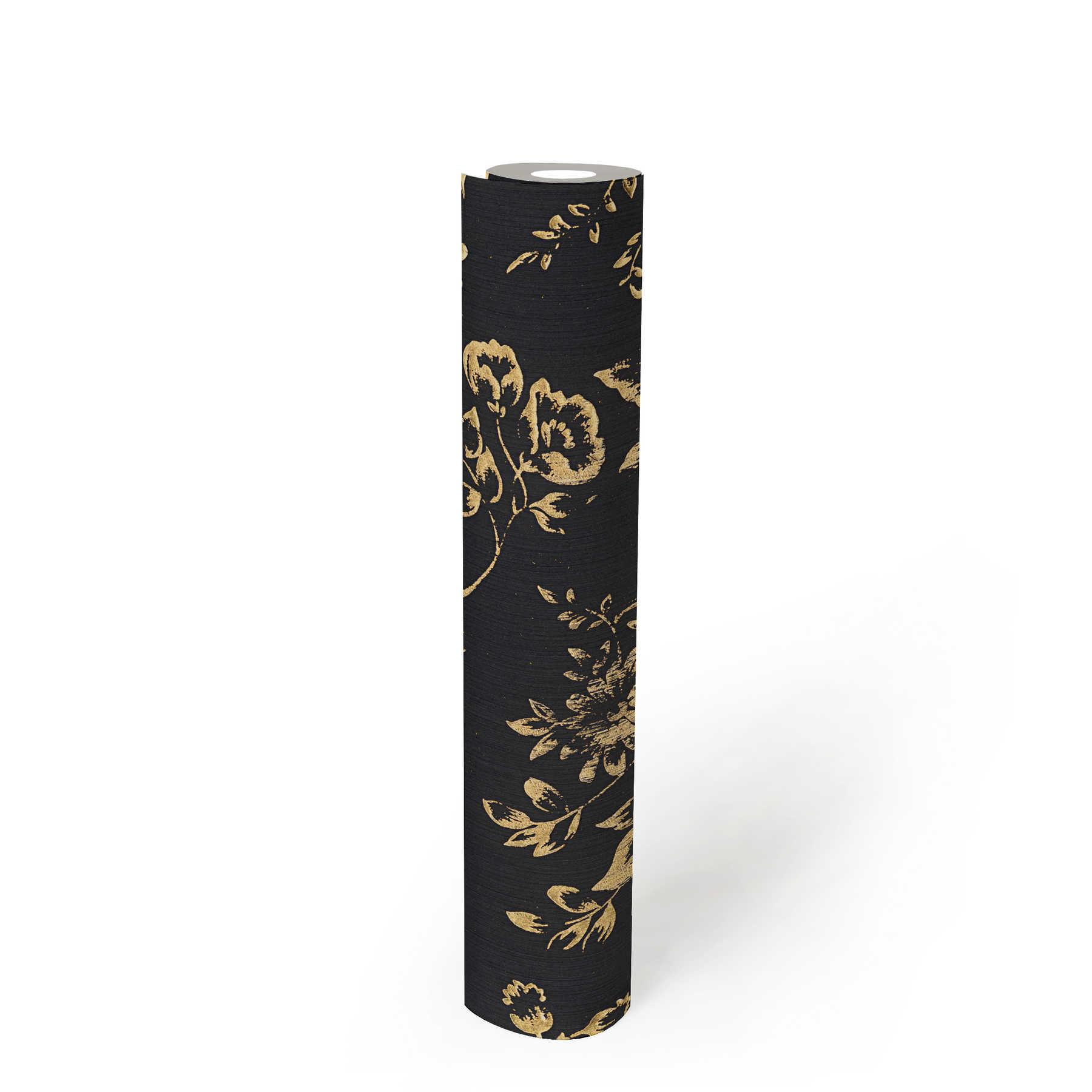             Papel pintado texturizado con motivos florales dorados - oro, negro
        