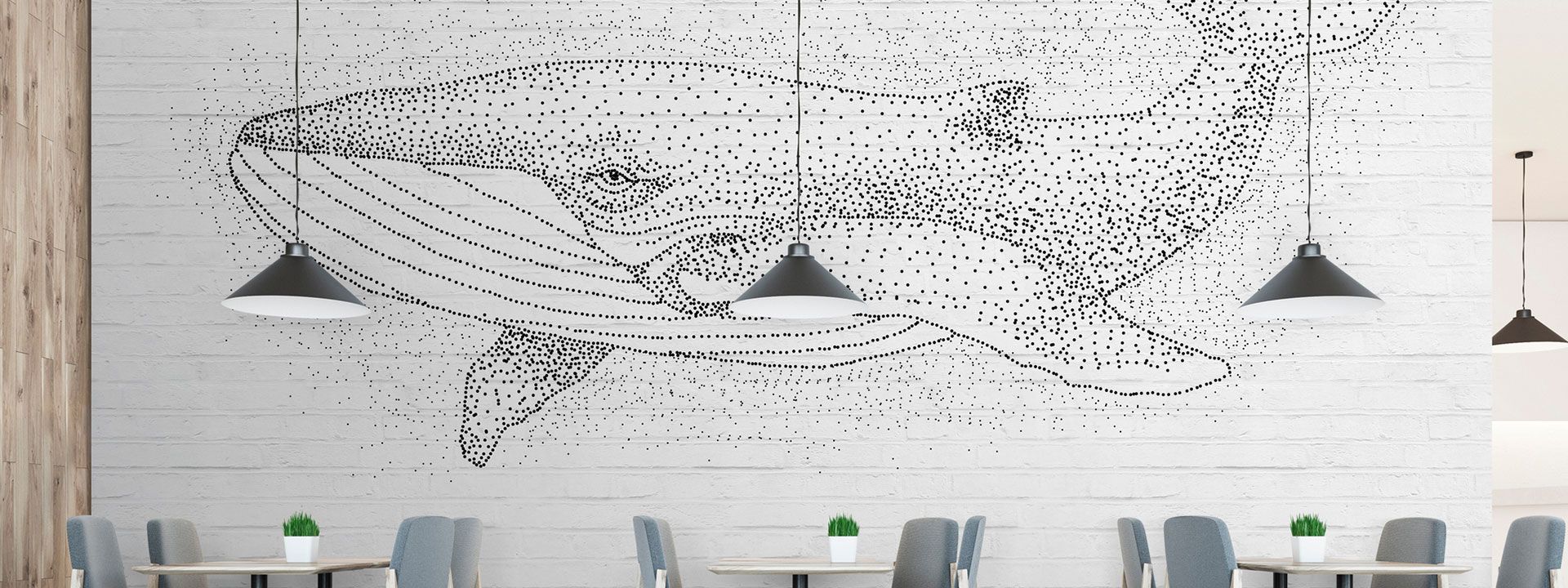 Black and white restaurant photo wallpaper, whale drawing DD110467