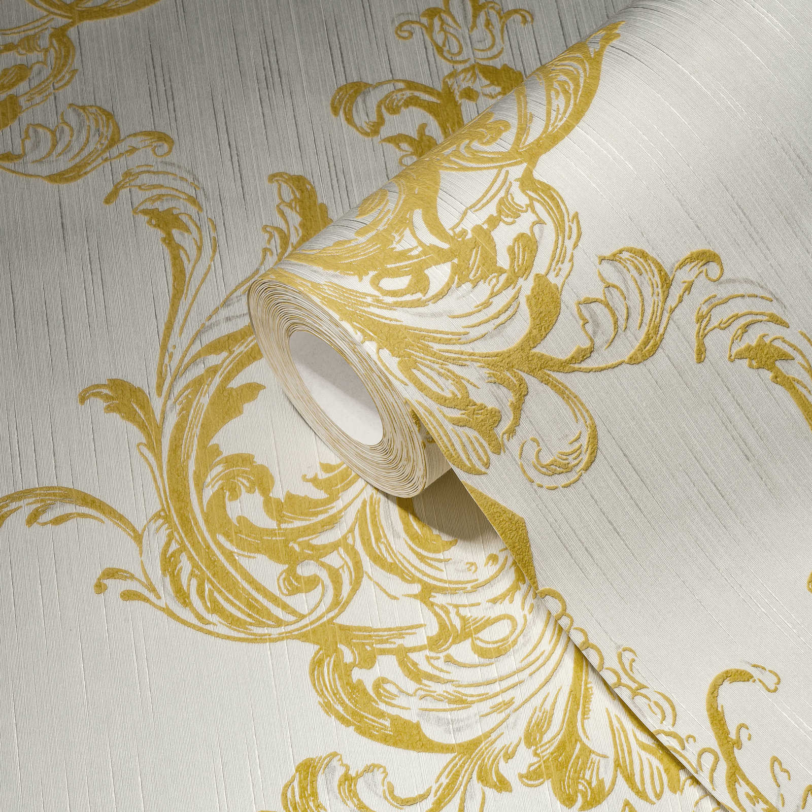             Non-woven wallpaper historical ornament design with texture effect - gold, white
        