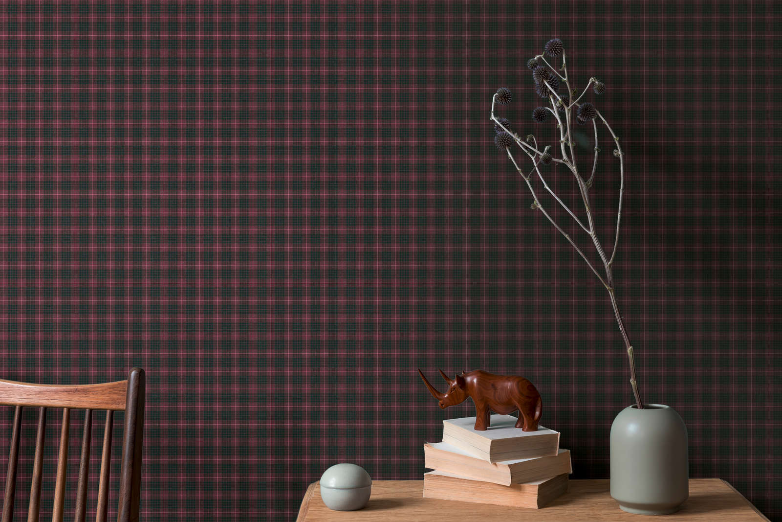            Non-woven wallpaper with fabric look chequered flannel look - red, black
        