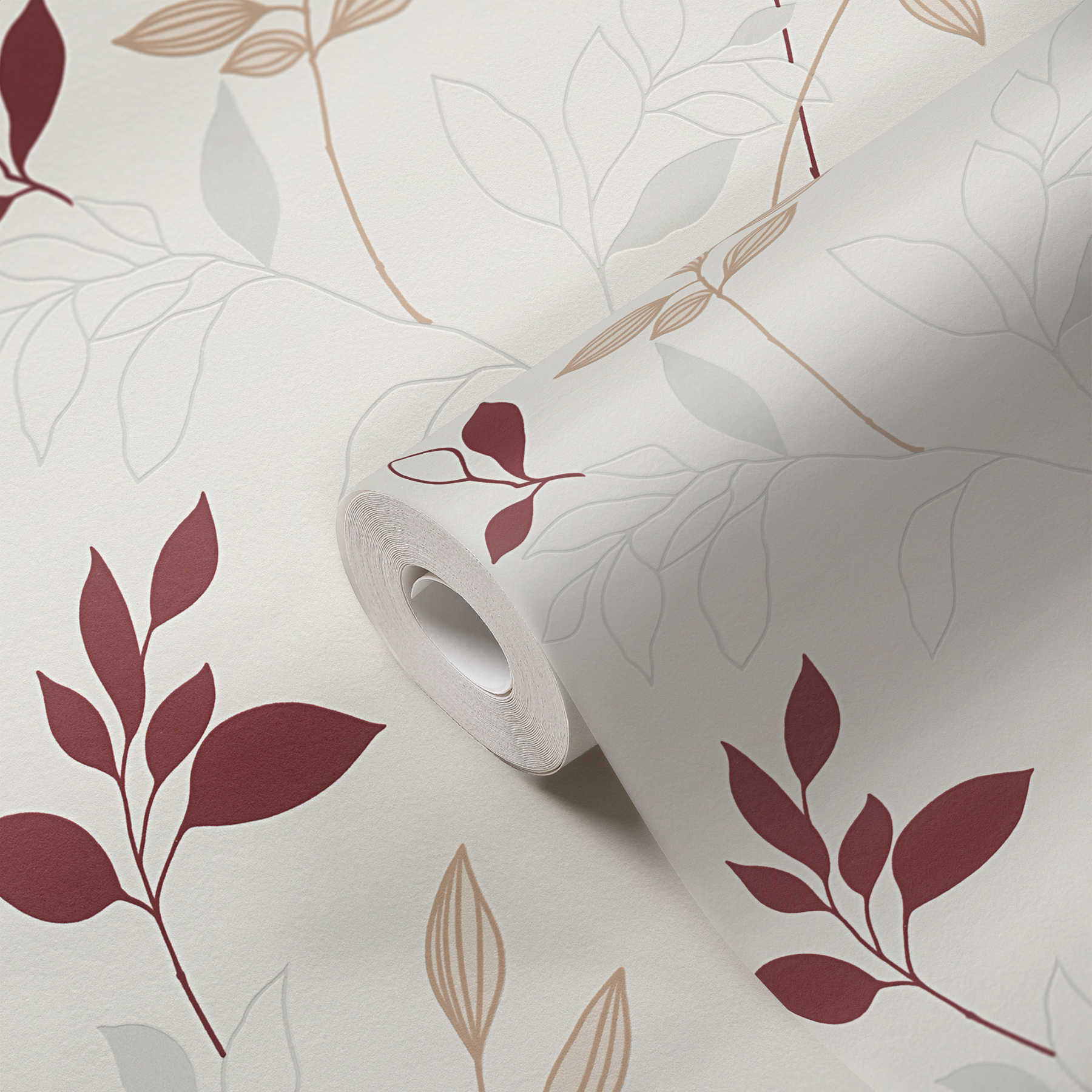             Wallpaper leaves pattern textured, coloured accents - red, cream
        