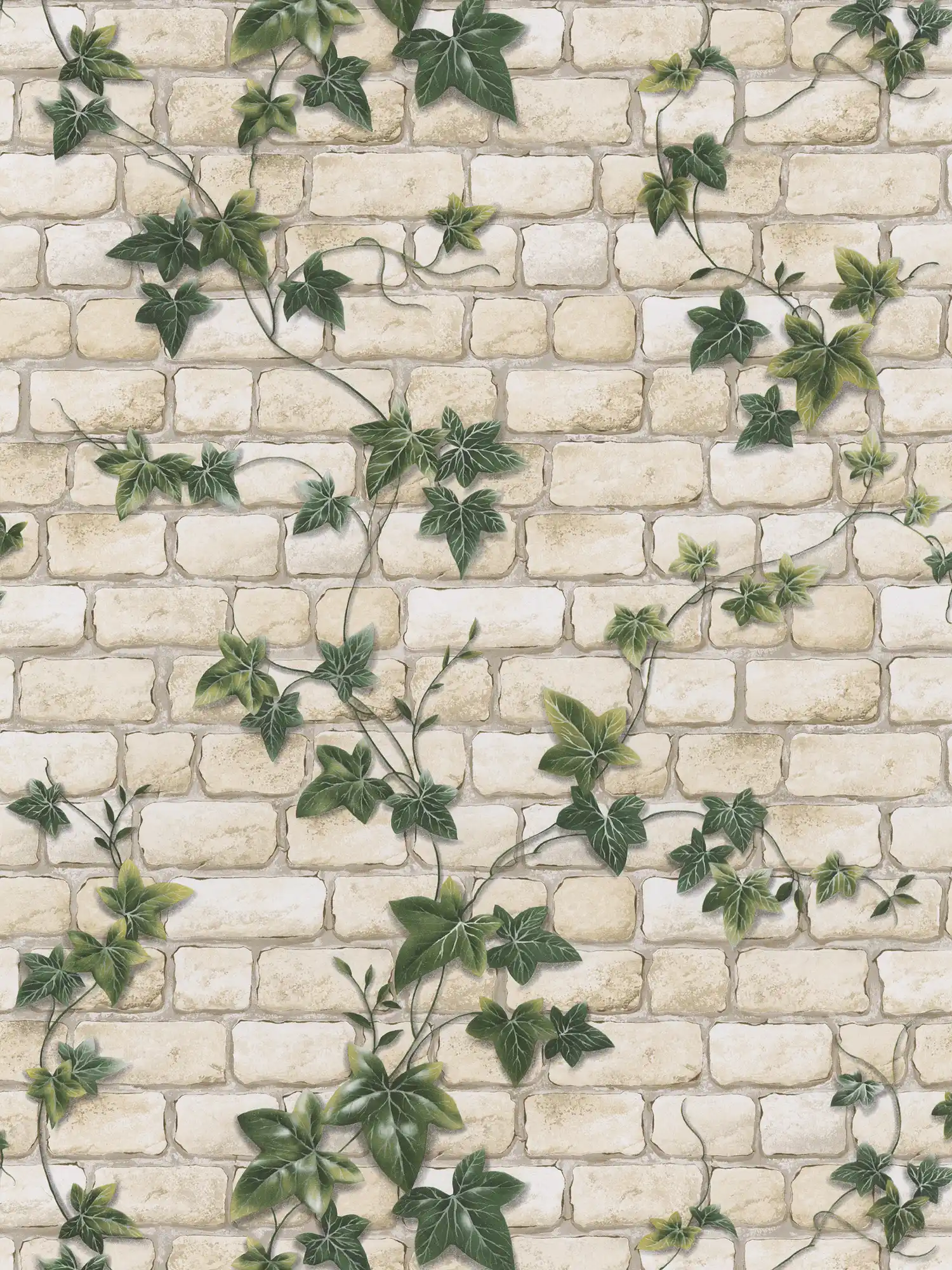 Wallpaper with masonry & ivy vines, stone look - white, green
