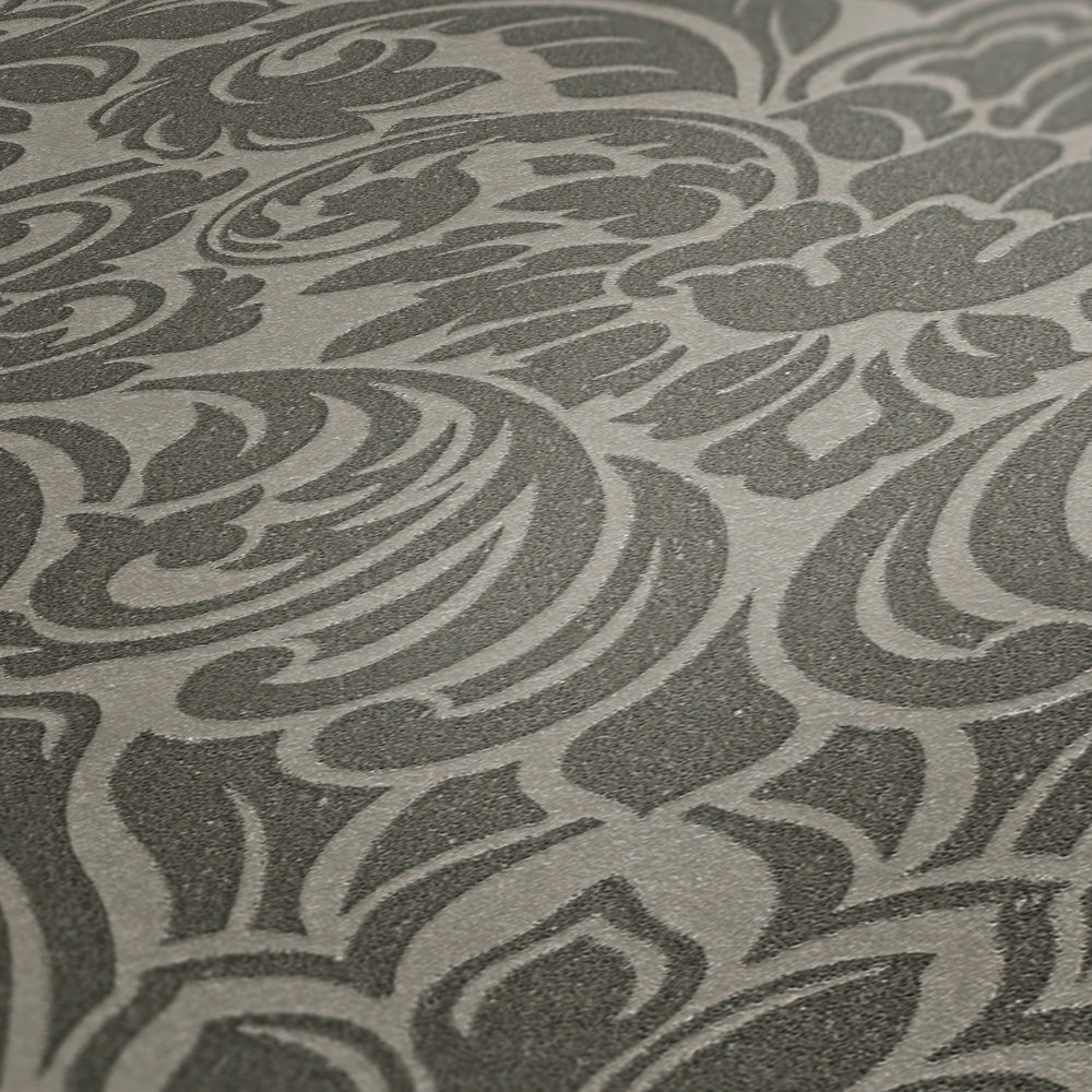            Papier peint ornemental effet métallique & design floral - argent, gris
        