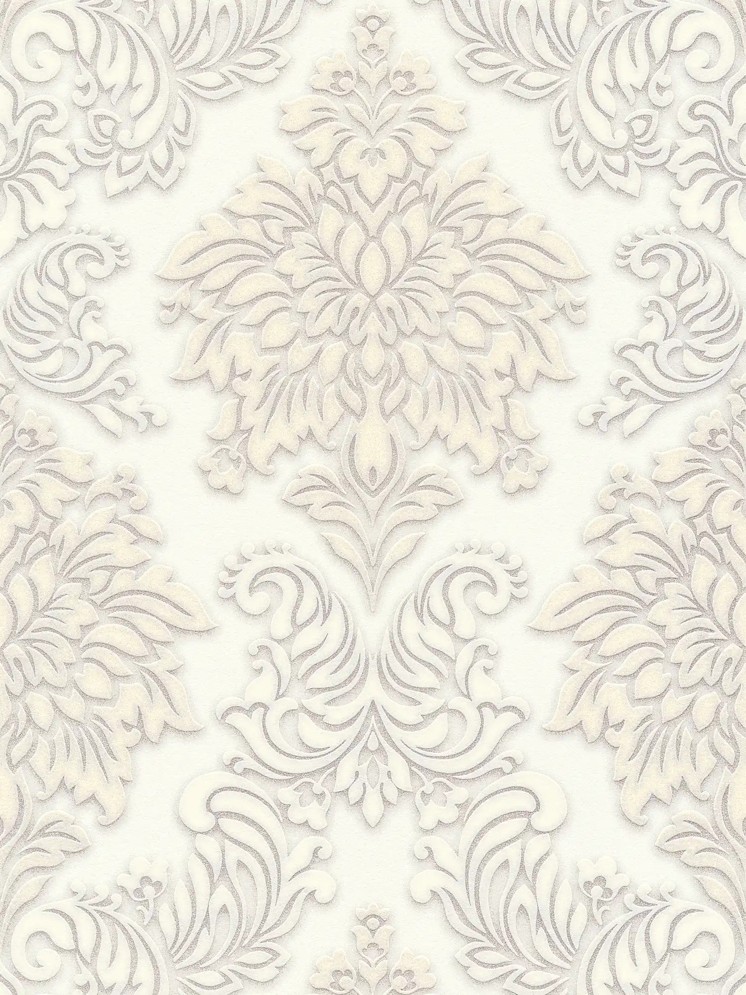 Baroque wallpaper ornaments with glitter effect - white, silver, beige
