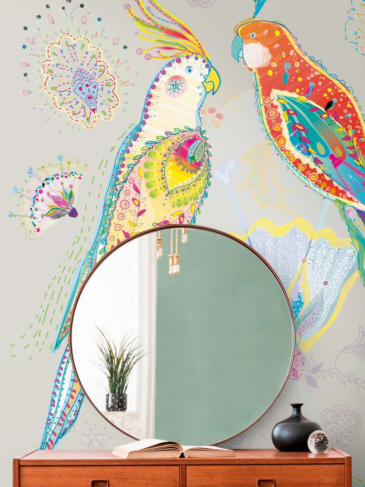             Non-woven wallpaper with parrot in floral style colourful - beige, colourful, green, blue, orange
        