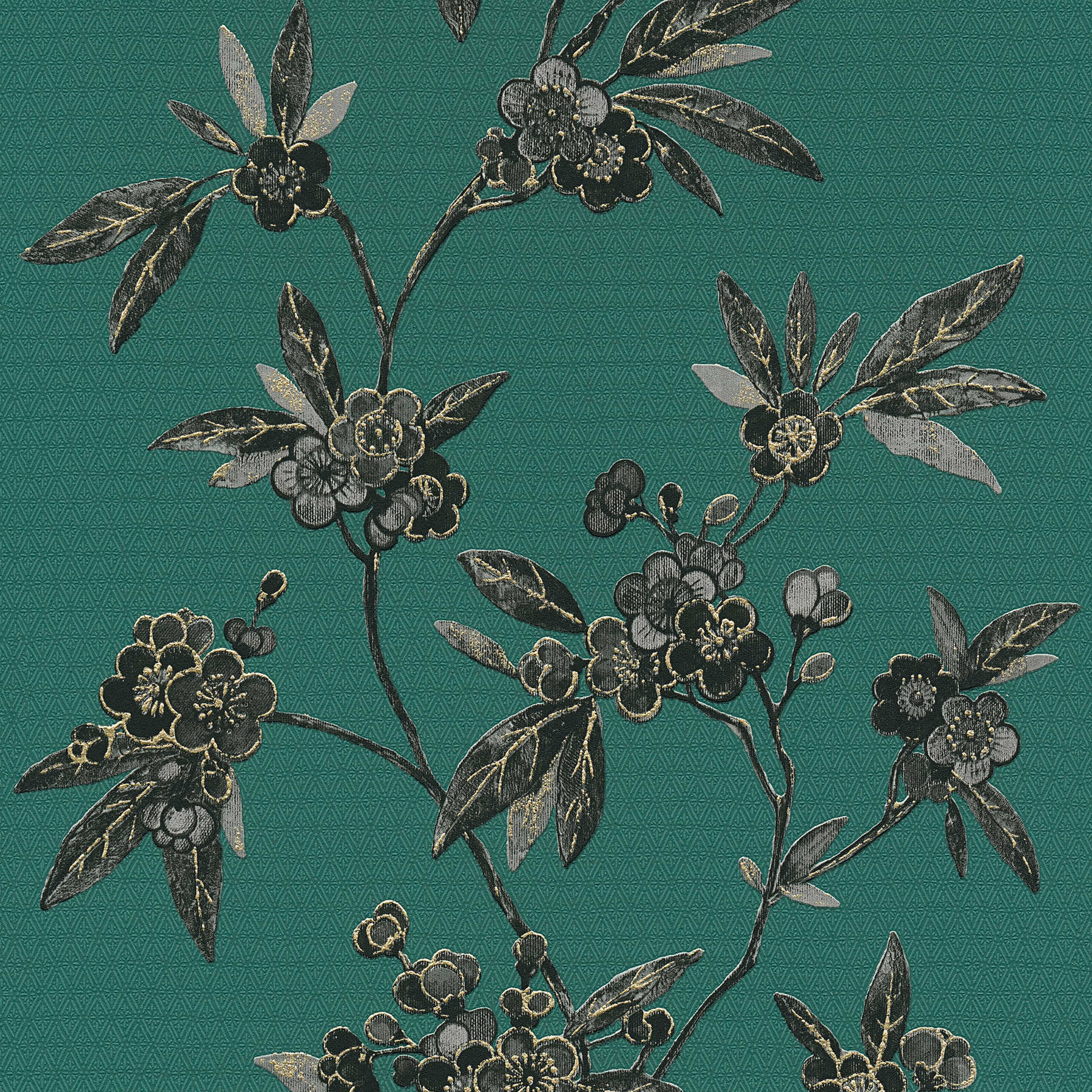         Papier peint floral avec rinceaux de fleurs de style asiatique - vert, noir, gris
    