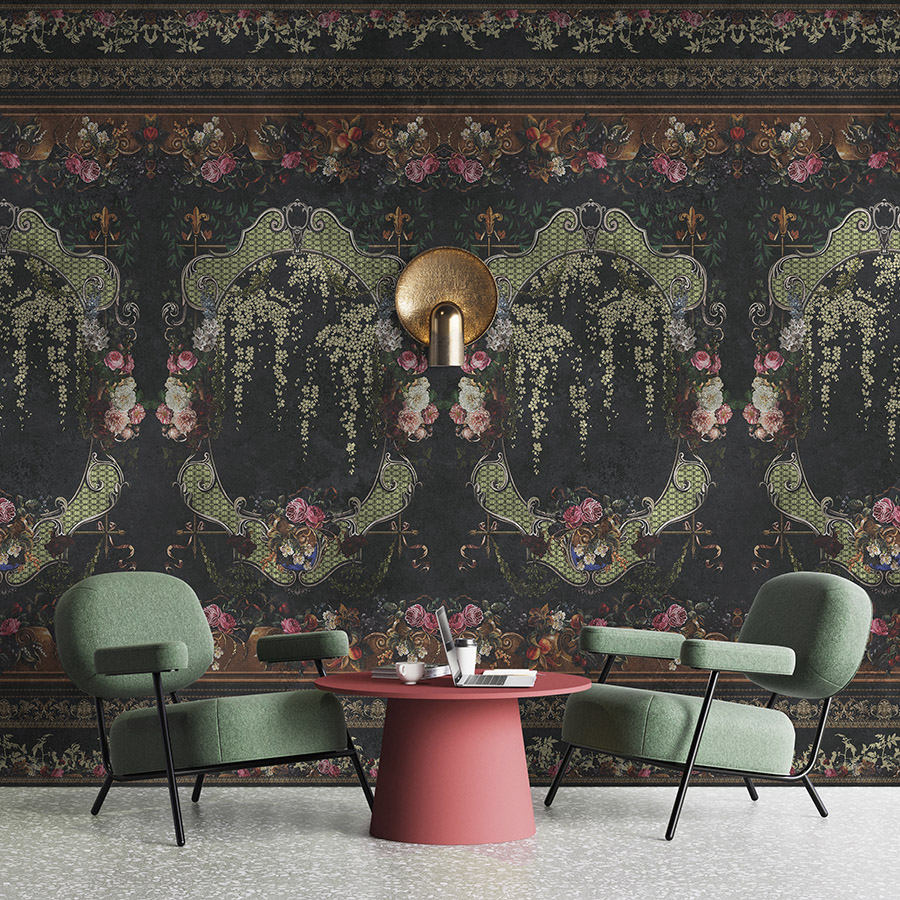 papier peint en papier panoramique »victoria« - lambris ornemental à motif floral sur structure d'enduit vintage - vert foncé | Intissé mat et lisse

