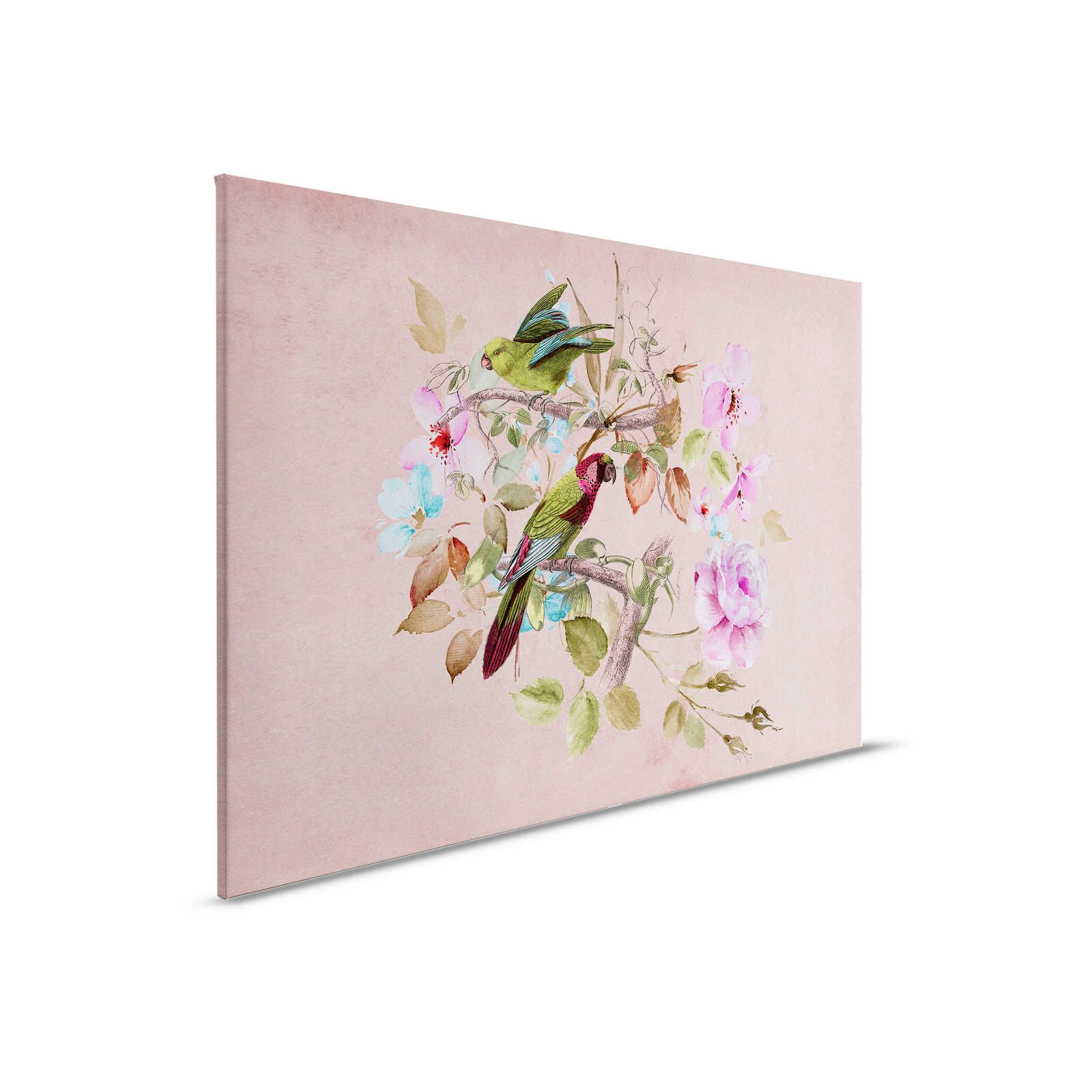 Nido de amor 2 - Lienzo Vintage Flores de acuarela rosa y pájaro de colores - 0,90 m x 0,60 m
