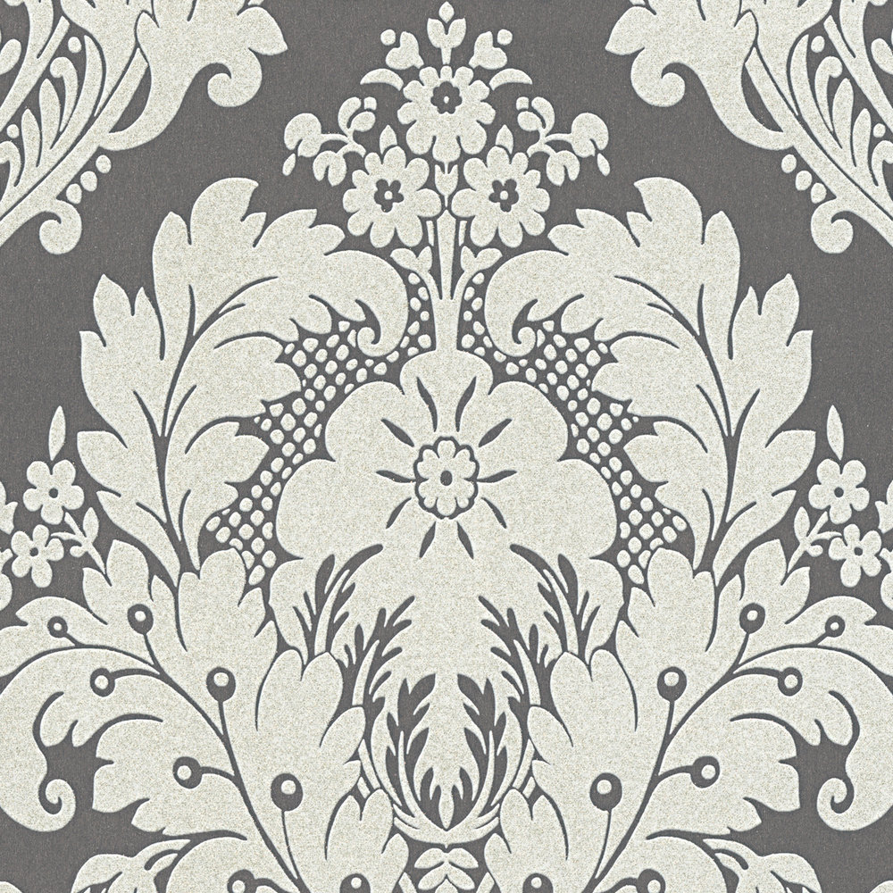             Ornament Wallpaper floral design & metallic colours - grey
        