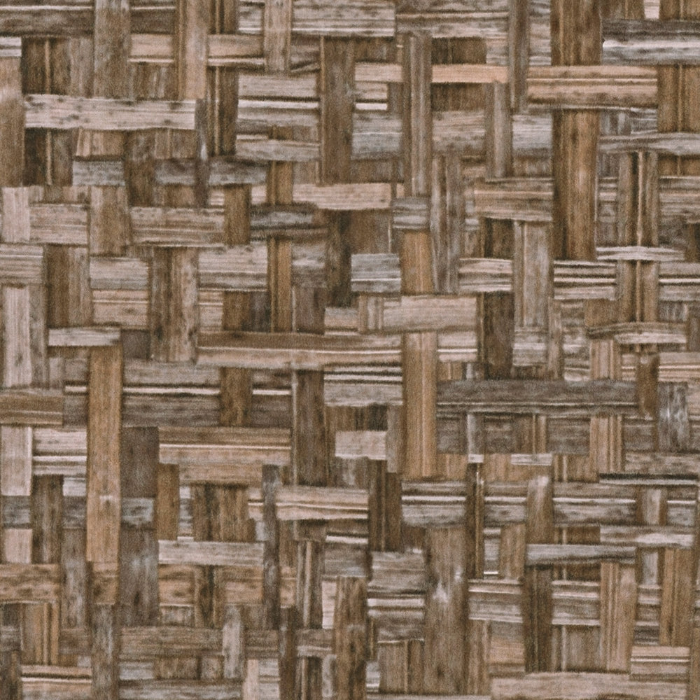             Behang met houteffect bruin met miro-mozaïekpatroon - bruin
        