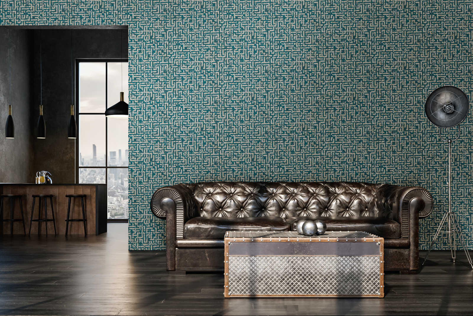             Ethno wallpaper with graphic relief design - blue, green, beige
        