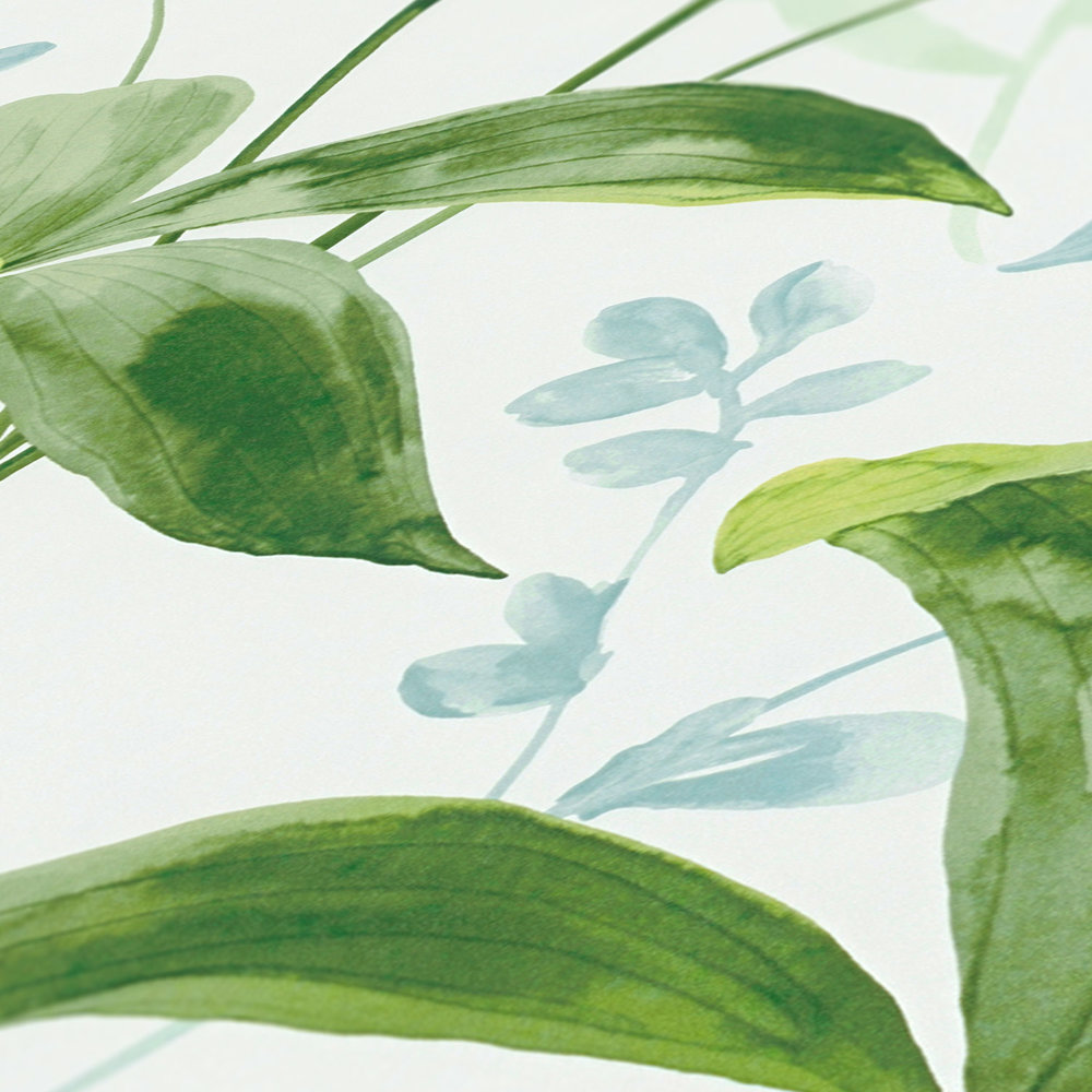             Carta da parati in tessuto non tessuto foglie verdi in stile acquerello - verde, bianco
        
