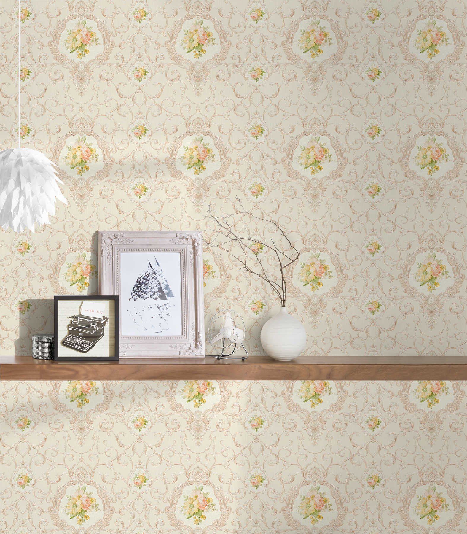             behang ornament patroon & bloemen boeket - crème, metallic
        