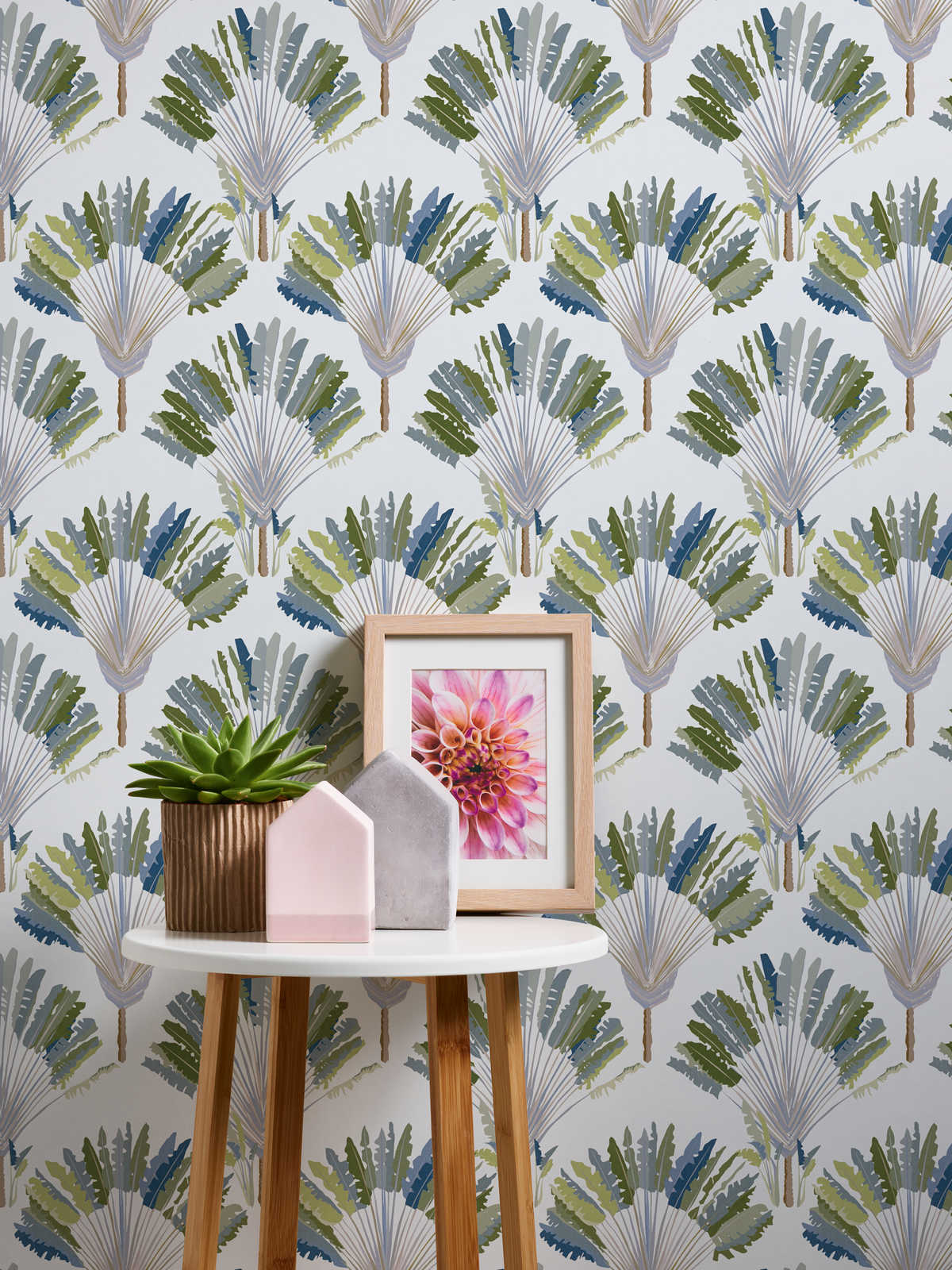             Wallpaper palm leaves & perennials in abstract pattern - green, white, blue
        