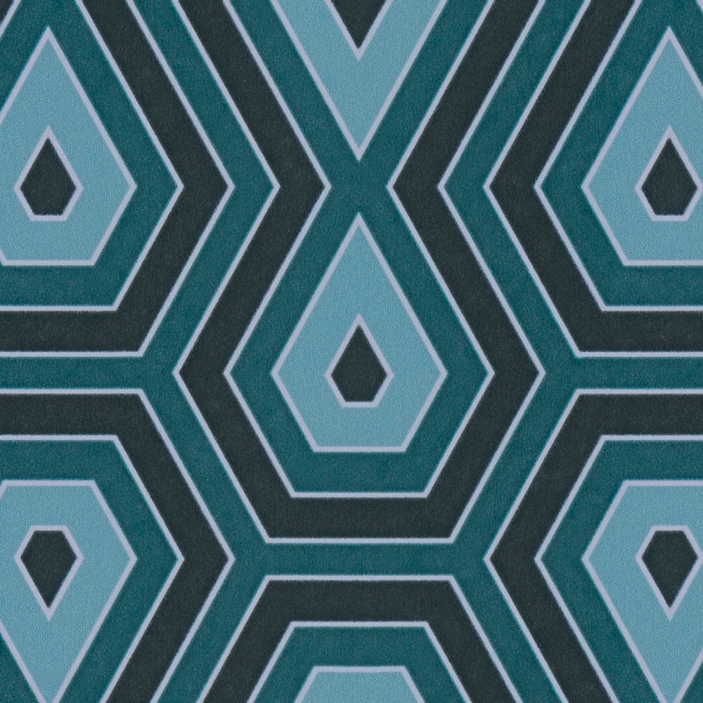             behang turquoise grafisch ruitpatroon retrostijl - blauw, zwart
        