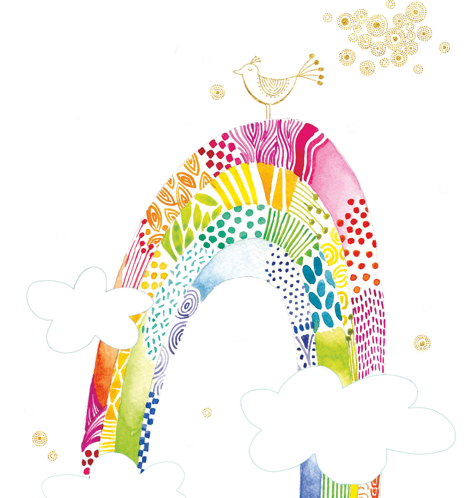             Kindermotief behang met kleurrijke regenboog en vogel - kleurrijk, wit, roze
        