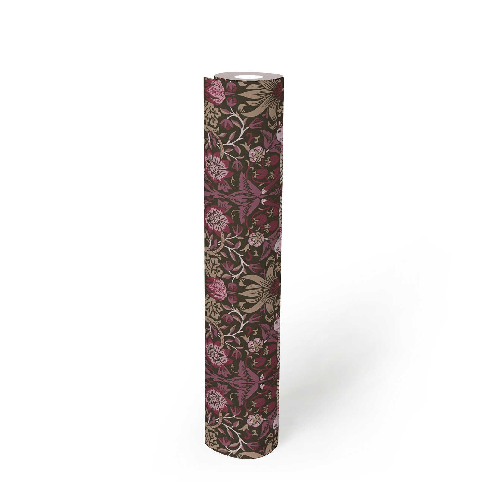             Non-woven wallpaper floral pattern with birds & berries - purple , beige, black
        