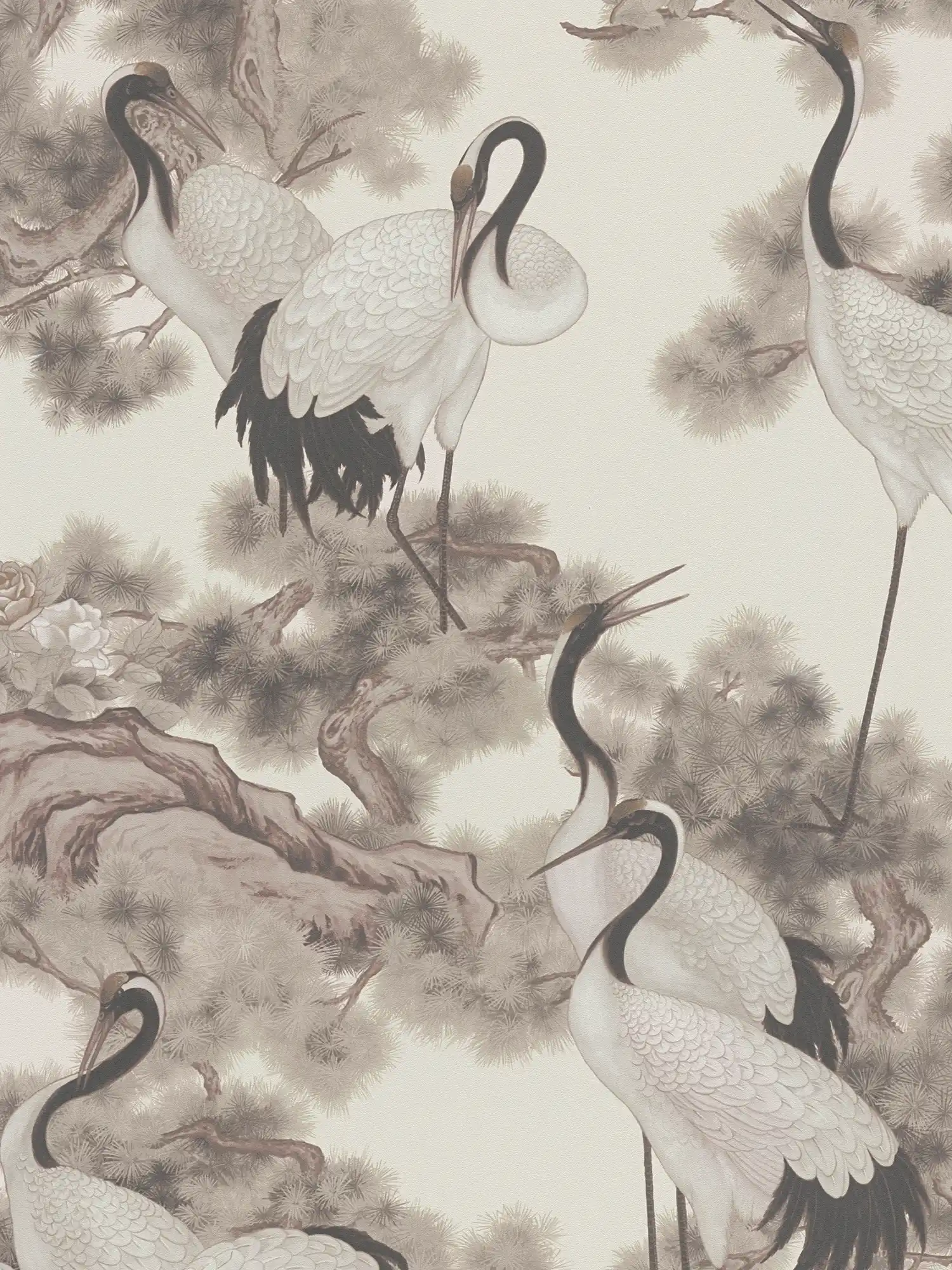 Papel pintado Japandi grúas en estilo asiático - crema, gris

