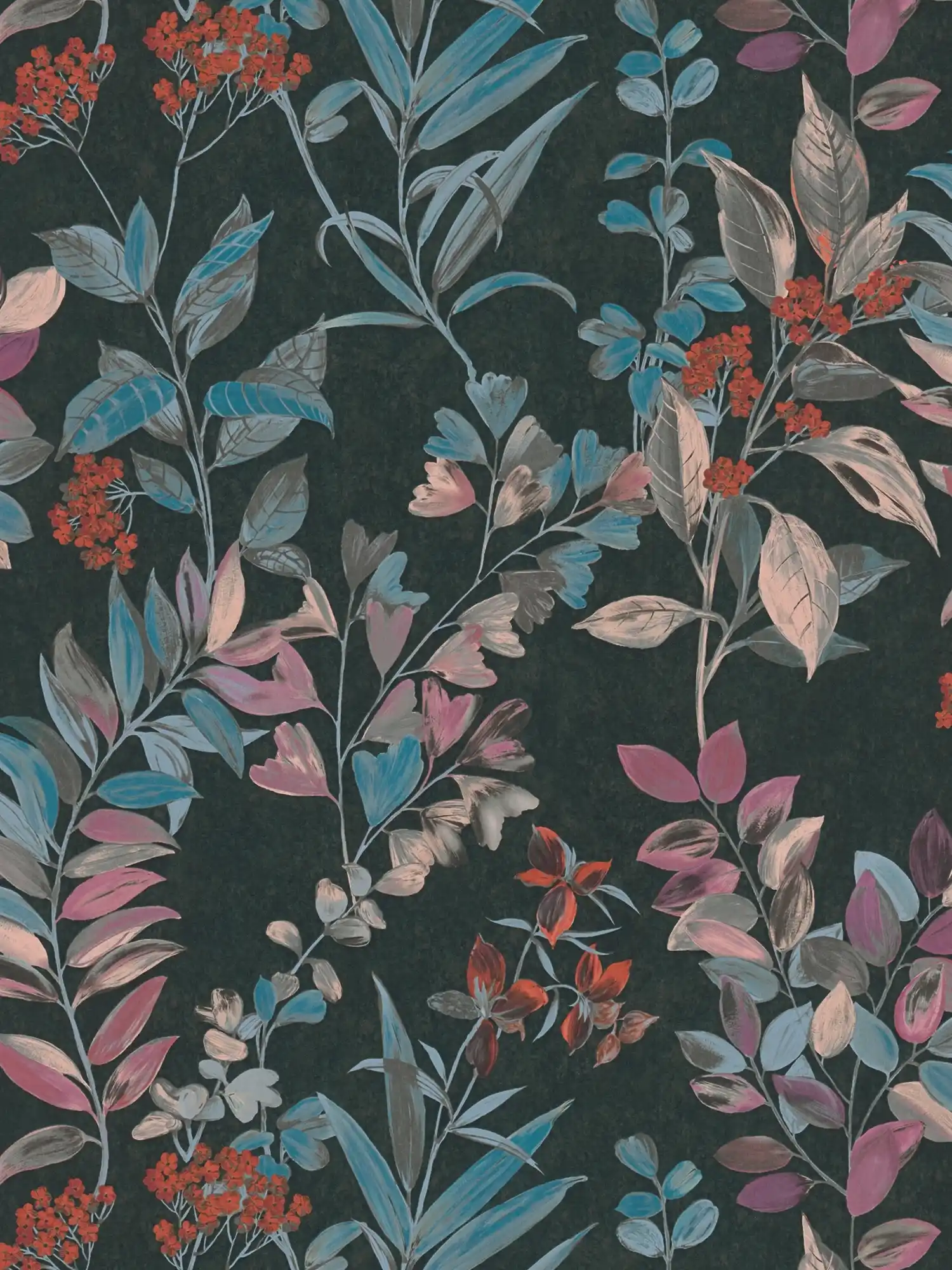 Floral non-woven wallpaper with floral pattern - multicoloured, black, blue
