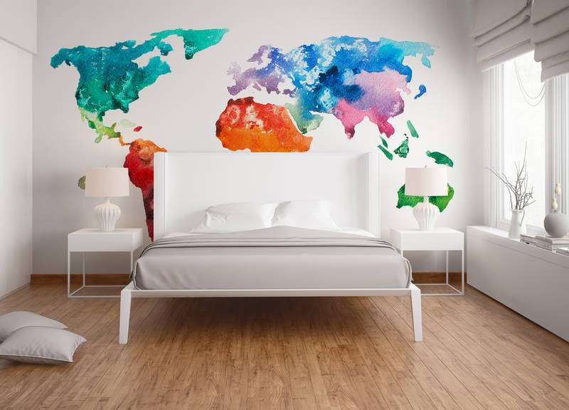 Room picture world map photo wallpaper in watercolour look